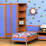 Подростковая мебель, композиция 2. Состав композиции: комод, шкаф угловой, шкаф платяной, угловая секция, кровать (без матраса), тумба прикроватная. Цвет: корпус - ольха, фасады - ольха, голубой