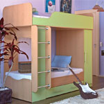 Кровать двухъярусная Карлсон 714 (Дуэт-2) с ящиками и шкафом, спальное место: 80х200 см. (верхнее), 80х160(187) нижнее (разложенное), без матрасов. Цвет: корпус - бук, вставки - зеленые.