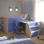Детская кроватка Мини 007 М-3, с выдвижным столом и ящиками. Спальное место 80х160 см., без матраса. Цвет: клен/светло-синий.