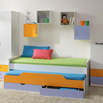 Детская Силуэт, состав набора: шкаф 2-х дверный, кровать (спальное место 90х200 см., без матраса), стелаж (2 шт.), стеллаж с дверкой (голубой, оранжевый) 2 шт., шкаф-стеллаж