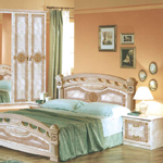 Мебель для спальни Регина, композиция №1. Цвет - бежевый мрамор. Состав композиции: кровать, прикроватная тумба (2 шт), комод, шкаф 6-и дверный, зеркало.